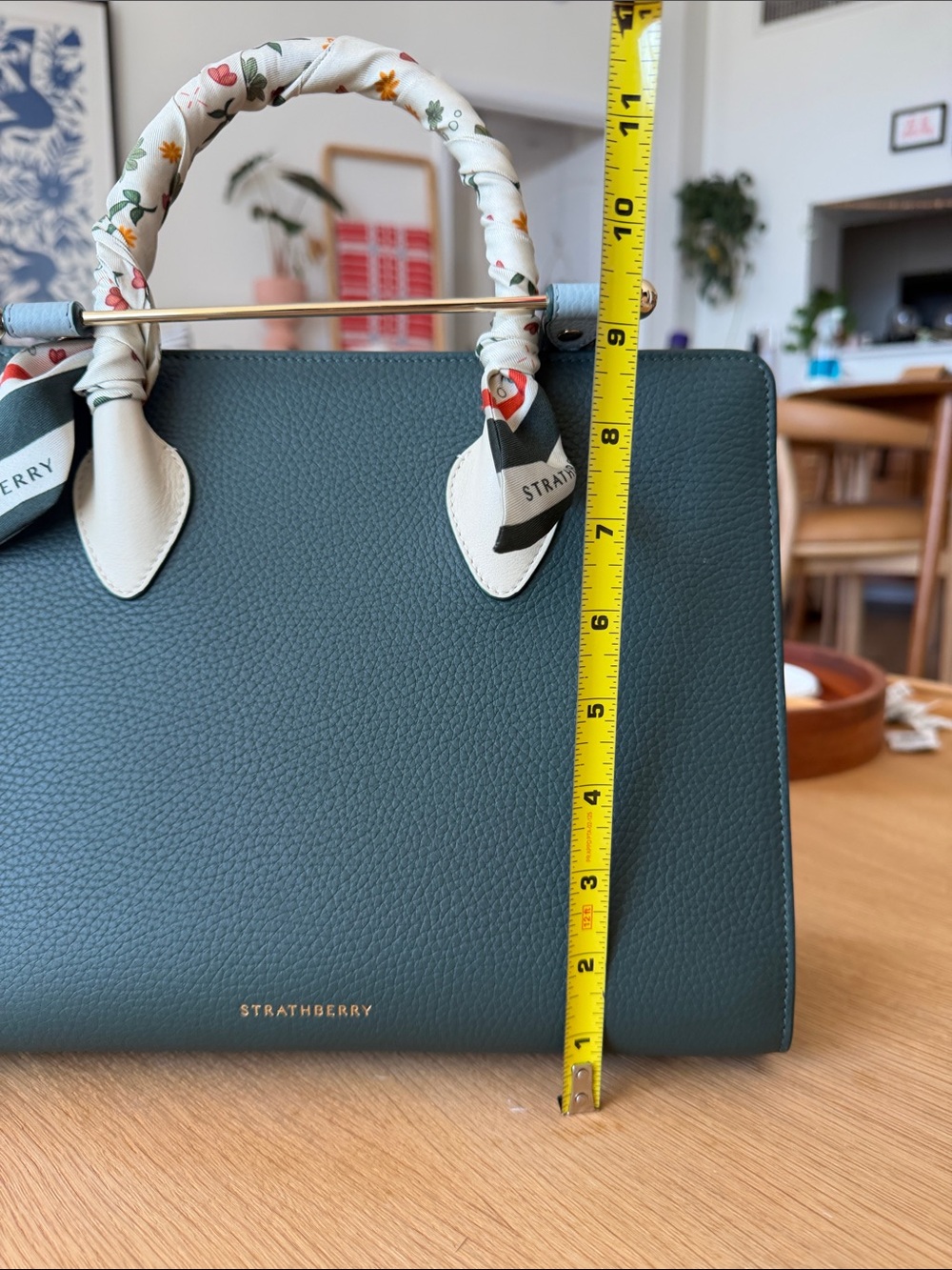 Strathberry Dark Green & Cream Midi Tote with Gold Bar - Picture 11 of 16